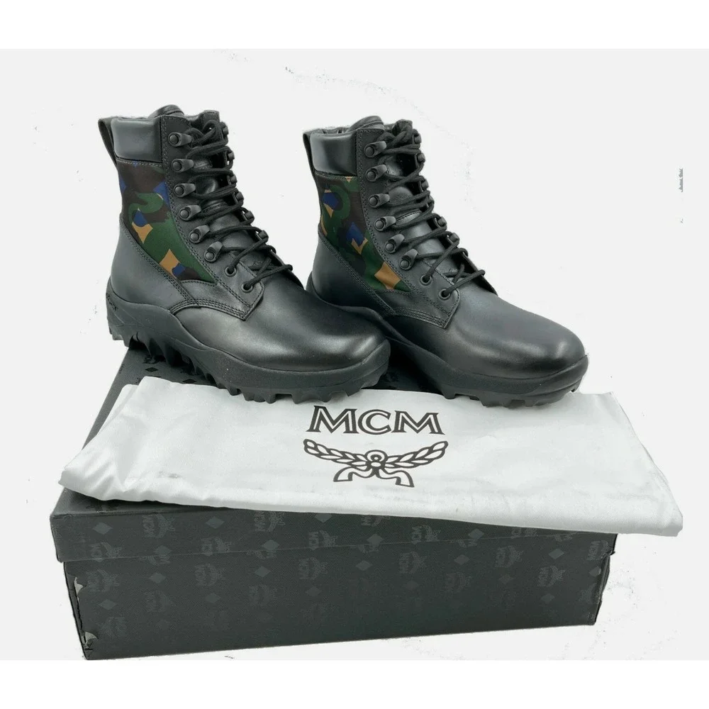 MCM Men's Black Leather Camo Nylon RESNICK‎ Combat Boots Shoes 9AMM80, SZ. 42